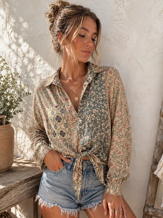 NATURAL LIFE Tops - Natural Life Mixed Print Tie Front Button Up Blouse Size M Boho Floral Patchwork